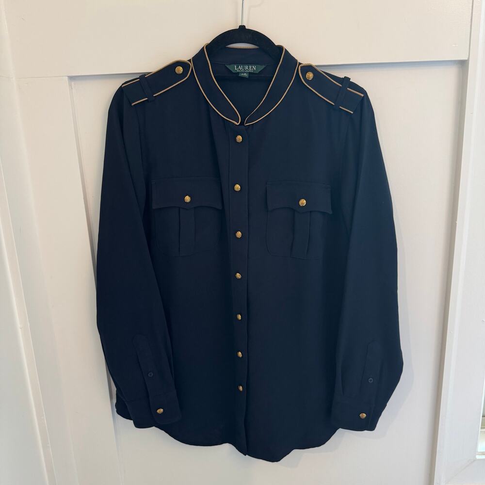 Polo Ralph Lauren Officer Blouse Button Up Top Shirt Navy Gold Size Large